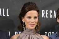 Kate Beckinsale rocks big, bold earrings at Total Recall Photocall