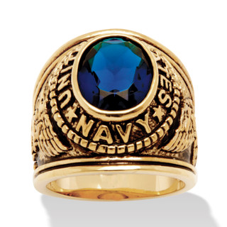 Men's Oval-Cut Simulated Sapphire United States Navy Ring 6 TCW Antiqued Gold-Plated