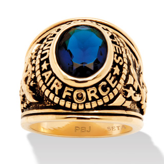 Men's Oval-Cut Simulated Sapphire Air Force Ring 6 TCW in Antiqued Gold-Plated