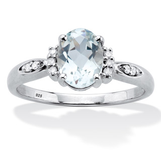Oval Cut Genuine Aquamarine And Diamond Accent Ring 1.17 TCW Platinum Plated Sterling Silver