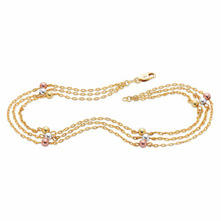 Tri-Tone Beaded Triple-Strand Ankle Bracelet in Rose Gold, Silver and 18k Gold-plated Sterling Silver 11-inch