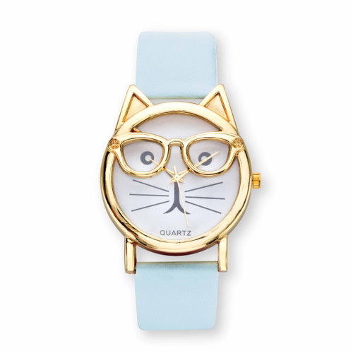 Cat Watch With White Face and Adjustable Blue Strap in Goldtone Adjustable 7.5"-9.5"