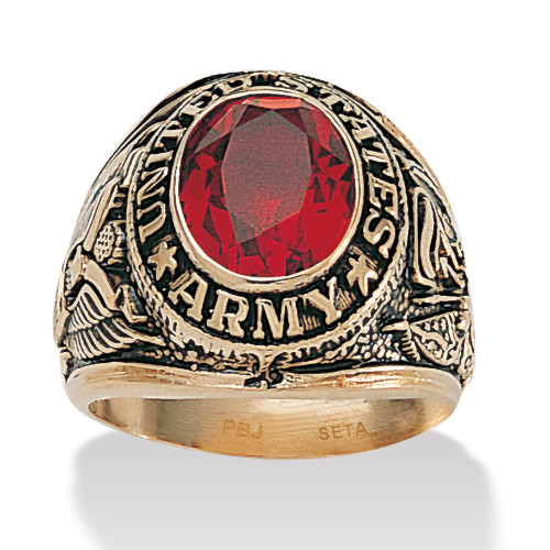 Men's Oval-Cut Simulated Red Ruby 6 TCW Yellow Gold-Plated Antiqued Army Ring