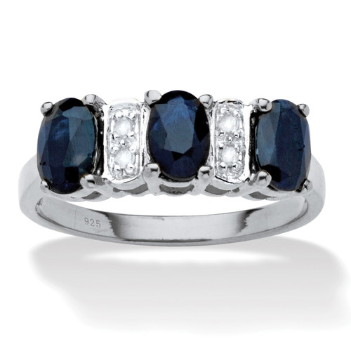 1.86 TCW Oval-Cut Genuine Blue Sapphire and Diamond Accent Ring Platinum Plated Sterling Silver