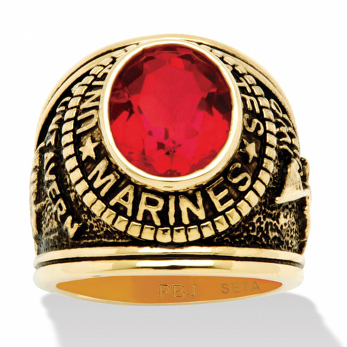 Men's Oval-Cut Simulated Red Ruby Marines Ring 6 TCW in Antiqued Yellow Gold-Plated