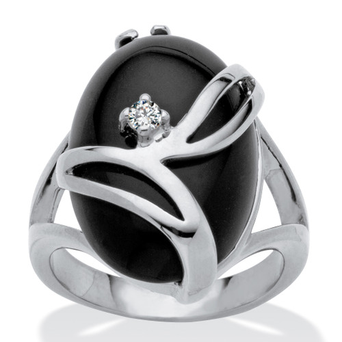 Oval-Shaped Onyx and Crystal Accent Cocktail Ring in Platinum Plated