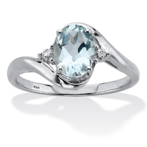 Oval Cut Genuine Aquamarine & Diamond Accent Bypass Ring 1.11 TCW Platinum Plated Sterling Silver