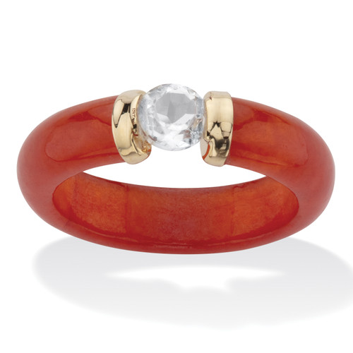 Round White Topaz and Genuine Red Cabochon Ring .56 TCW 10k Yellow Gold
