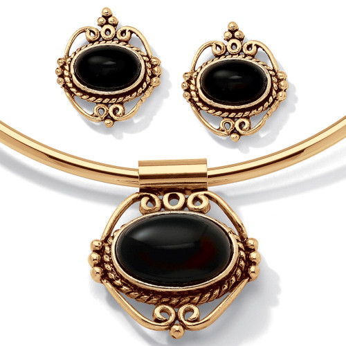 Genuine Bezel-Set Oval Onyx 2-Piece Necklace and Earrings Set in Antiqued Goldtone 16"