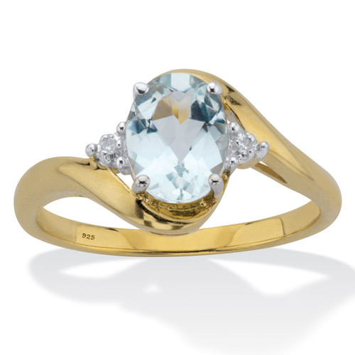 Oval Cut Genuine Aquamarine & Diamond Accent Bypass Ring 1.11  TCW 18K Gold Plated Sterling Silver