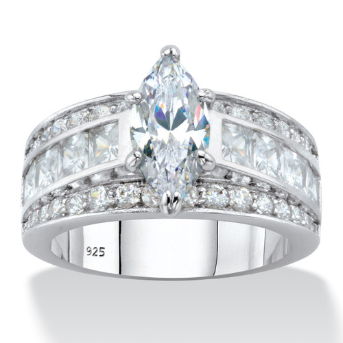 Marquise-Cut and Princess-Cut Cubic Zirconia Engagement Ring 4.60 TCW in Platinum-plated Sterling Silver