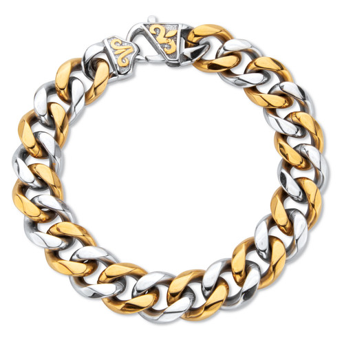 Men's Two Tone Yellow Gold Ion Plated Stainless Steel Curb Link Chain Bracelet 10" length