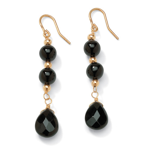 Genuine Black Onyx Round and Briolette Beaded Drop Earrings in Solid 10k Yellow Gold