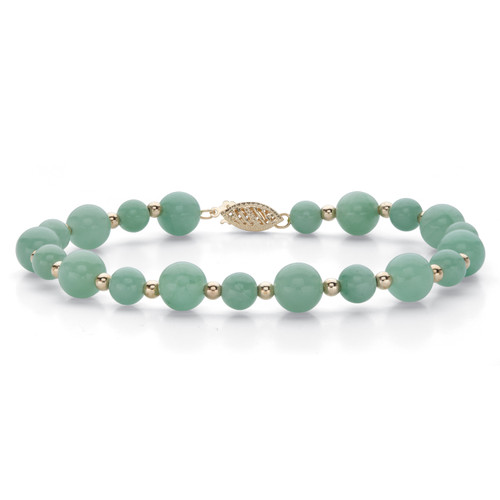 Genuine Green Jade Round Beaded Bracelet in Solid 10k Yellow Gold 8"
