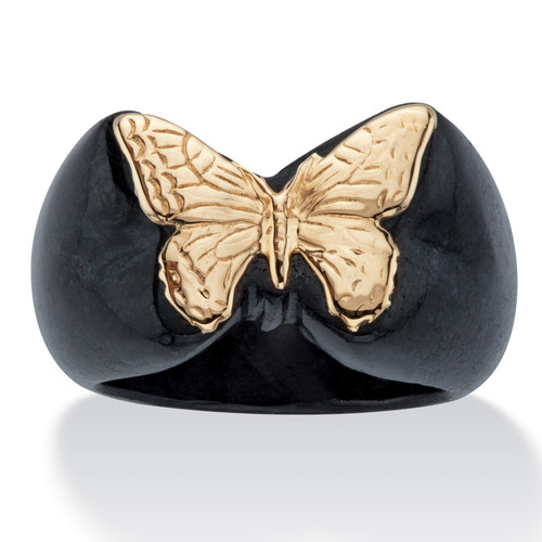 Genuine Black Jade Butterfly Ring in Solid 10k Yellow Gold