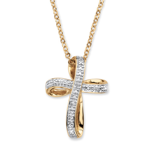 White Diamond Accent Two-Tone Pave-Style Ribbon Loop Cross Pendant Necklace Yellow Gold-Plated 18"