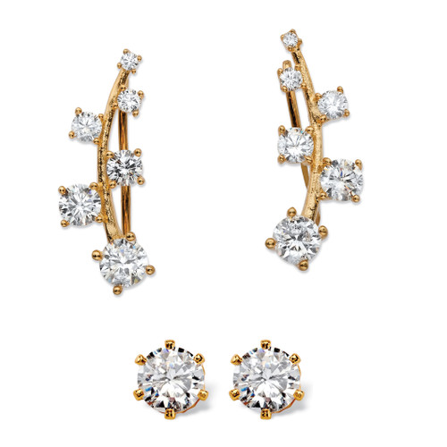 2.22 TCW Cubic Zirconia Ear Climber and Stud 2-Pair Earrings Set in 14k Gold-plated Sterling Silver