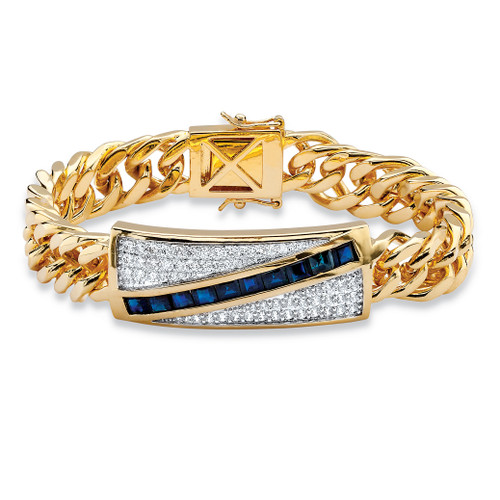 5.70 TCW Genuine Midnight Blue Sapphire and CZ Diagonal Curb-Link Bracelet Gold-Plated 8"