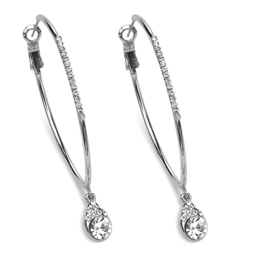 Crystal Hoop Teardrop Earrings in Silvertone (1 1/2")