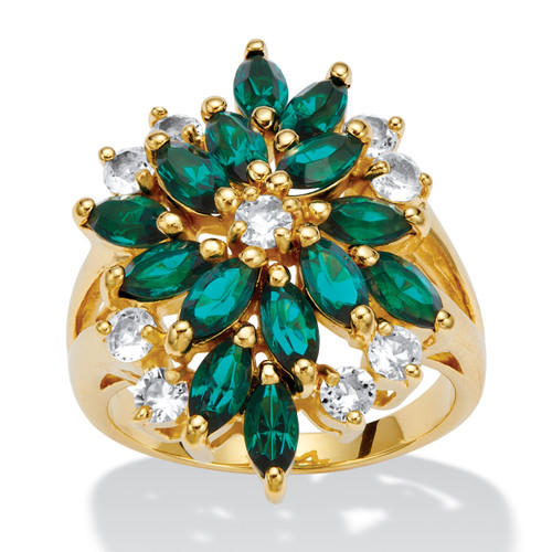 Marquise-Cut Emerald Green Crystal Cluster Cocktail Ring. 18k Gold-Plated