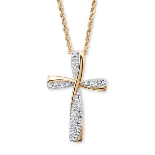 Diamond Accent Two-Tone Cross Pendant Necklace in 18k Gold-plated Sterling Silver 18"