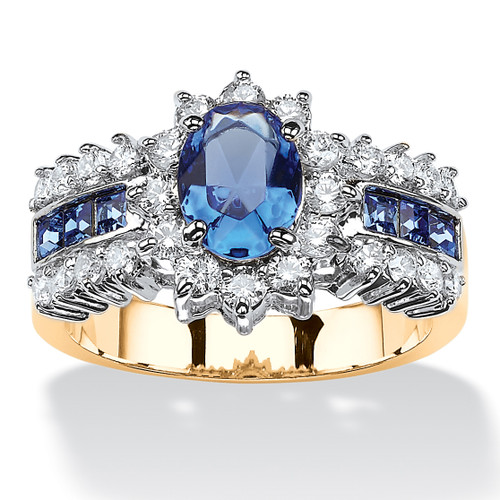.82 TCW Oval-Cut Blue Crystal and White Cubic Zirconia Two-Tone Halo Ring Gold-Plated