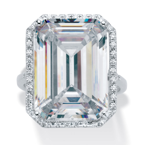 19.57 TCW Emerald-Cut Cubic Zirconia Halo Ring in Platinum-plated Sterling Silver