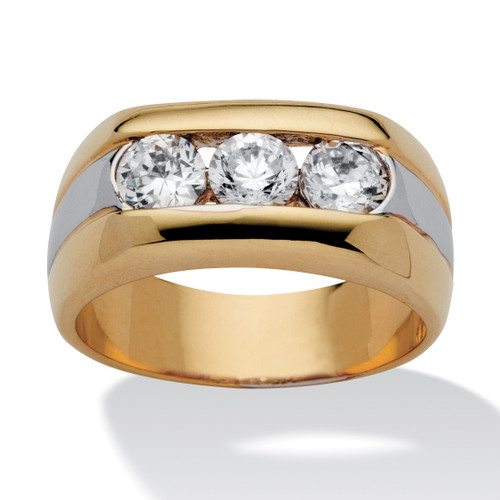 Men's 1.50 TCW Round Channel-Set Cubic Zirconia Triple-Stone Two-Tone Ring Yellow Gold-Plated