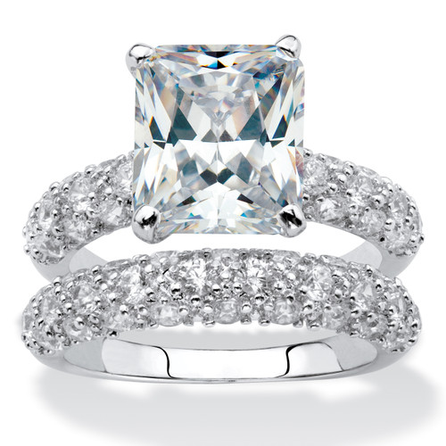 6.50 TCW Emerald-Cut Cubic Zirconia Platinum-Plated Bridal Engagement Ring Wedding Band Set