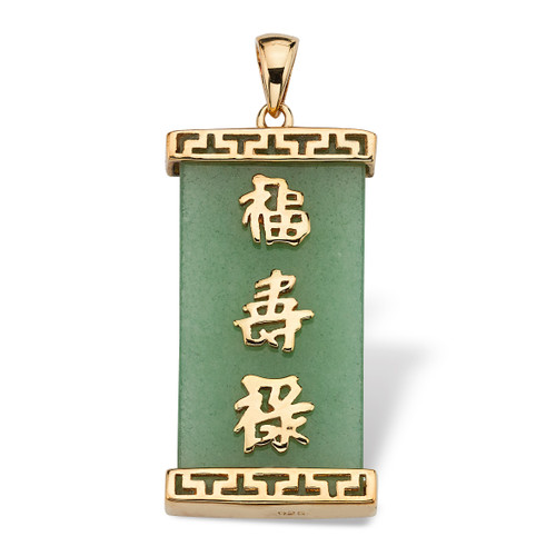 Green Jade "Good Luck, Prosperity & Long Life" Pendant in 14k Gold Plated Sterling Silver