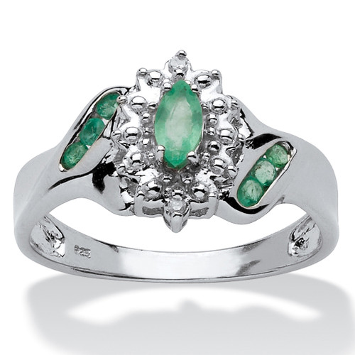 .38 TCW Marquise-Cut and Round Genuine Emerald & Diamond Accent Platinum-plated Sterling Silver Ring
