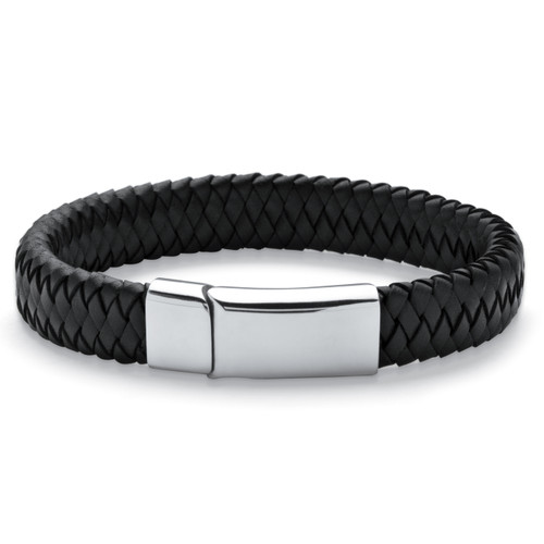 Men's Braided Leather Bracelet in Stainless Steel 10"