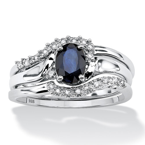 3 Piece 1.05 TCW Oval Sapphire and Diamond Accent Bridal Ring Set in Platinum-plated Sterling Silver