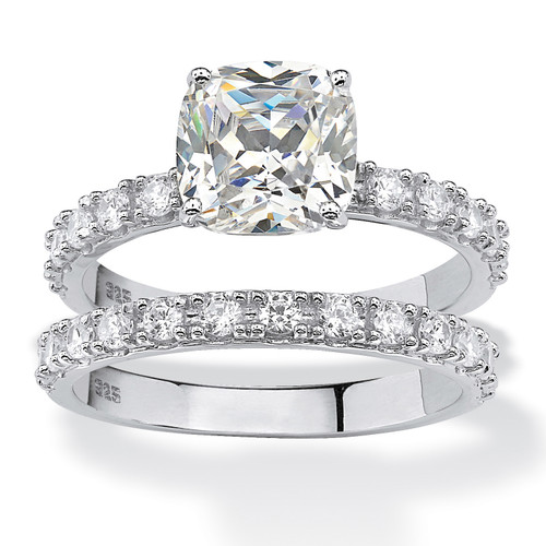 Cushion-Cut Cubic Zirconia Bridal Engagement Ring Set 2.45 TCW in Platinum over Sterling Silver