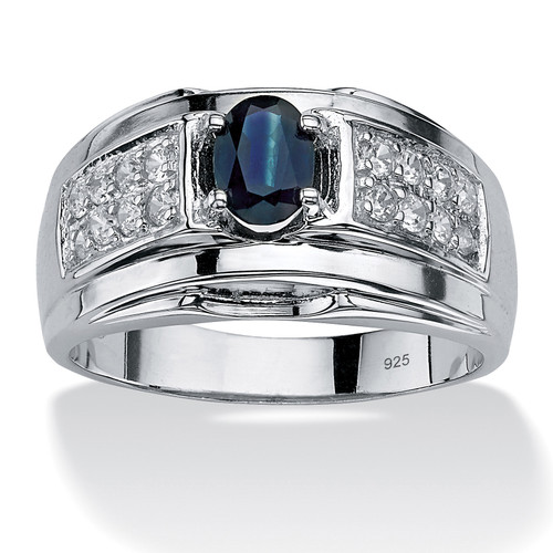 Men's 1.53 TCW Oval-Cut Genuine Midnight Blue Sapphire and Cubic Zirconia Ring in Sterling Silver