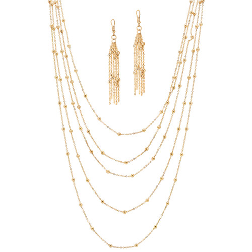 2 Piece Multi-Chain Beaded Station Necklace and Drop Earrings Set in Yellow Goldtone 34"-38"