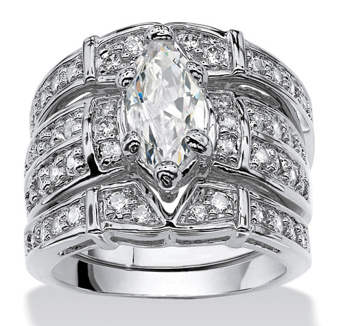 Marquise-Cut Cubic Zirconia Bridal Engagement Ring Wedding Band Set 3.05 TCW in Silvertone