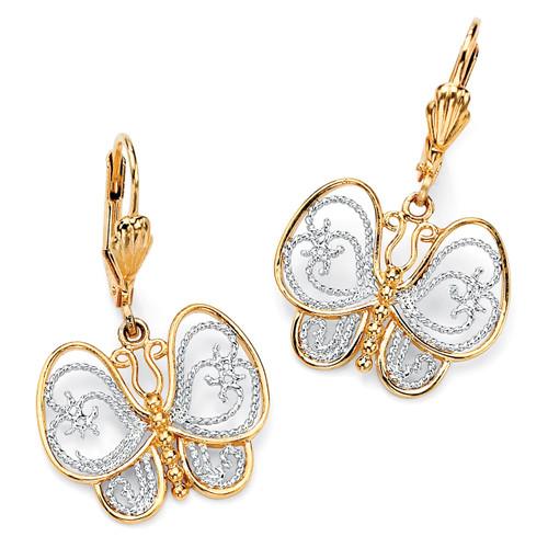 18k Gold-Plated Two-Tone Filigree Butterfly Drop Earrings