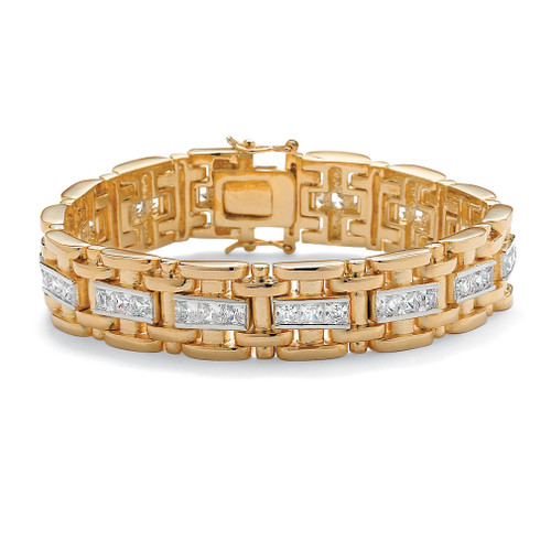 Mens Gold Stainless Steel Link Bracelet With Cubic Zirconia