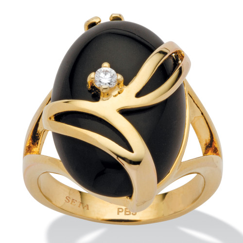 Oval-Shaped Onyx and Crystal Accent Cocktail Ring in Gold-Plated