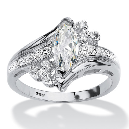 Marquise-Cut Cubic Zirconia Bypass Engagement Ring 1.03 TCW in Platinum-Plated Sterling Silver