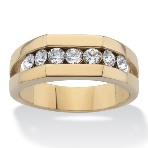 Men's Round Crystal Beveled Wedding Band Ring in Gold Ion-Plated Stainless Steel