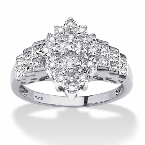 Round Diamond Marquise-Shaped Step Ring 1/10 TCW in Platinum-plated Sterling Silver