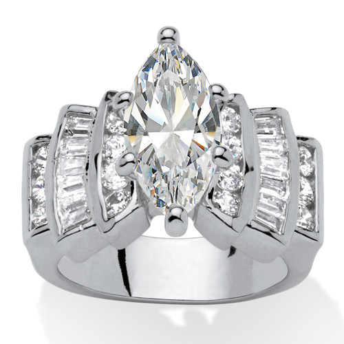 Marquise-Cut and Baguette Cubic Zirconia Step-Top Engagement Ring 3.63 TCW in Silvertone