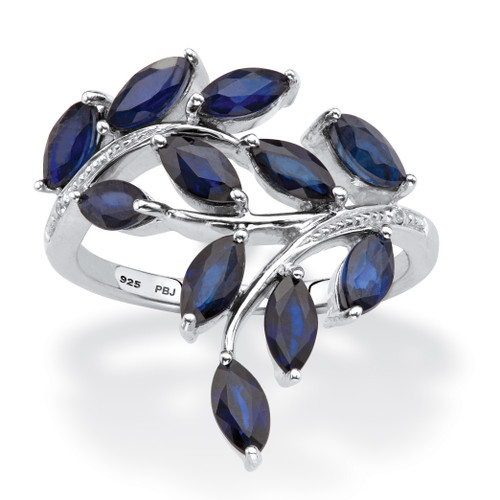 Genuine Blue Sapphire and Diamond Accent Bypass Leaf Ring 2.65 TCW in Platinum-plated Sterling Silver