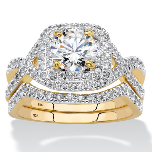 Round Cubic Zirconia 2-Piece Crossover Halo Bridal Ring Set 2.20 TCW in 14k Yellow Gold-plated Sterling Silver