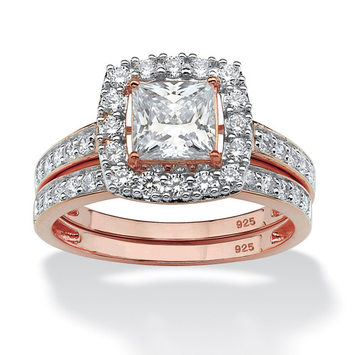 Princess-Cut Cubic Zirconia 2-Piece Halo Bridal Set 2.15 TCW in Rose Gold-plated Sterling Silver