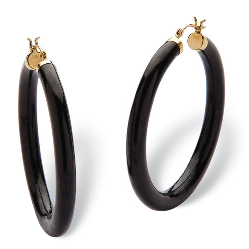 Genuine Black Jade Hoop Earrings in 14k Yellow Gold (1 3/4")