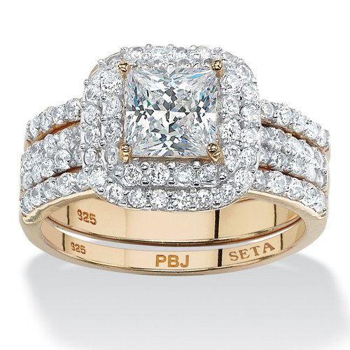 2.37 TCW Princess-Cut Cubic Zirconia 14k Gold-plated Sterling Silver 3-Piece Double Halo Bridal Ring Set 