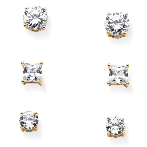 9.20 TCW Cubic Zirconia Three-Pair Set of Stud Earrings in 14k Gold over Sterling Silver